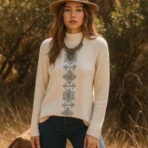 Alfred Dunner Sweater Womens XL Ivory Ribbed Embroidered Cozy Classic